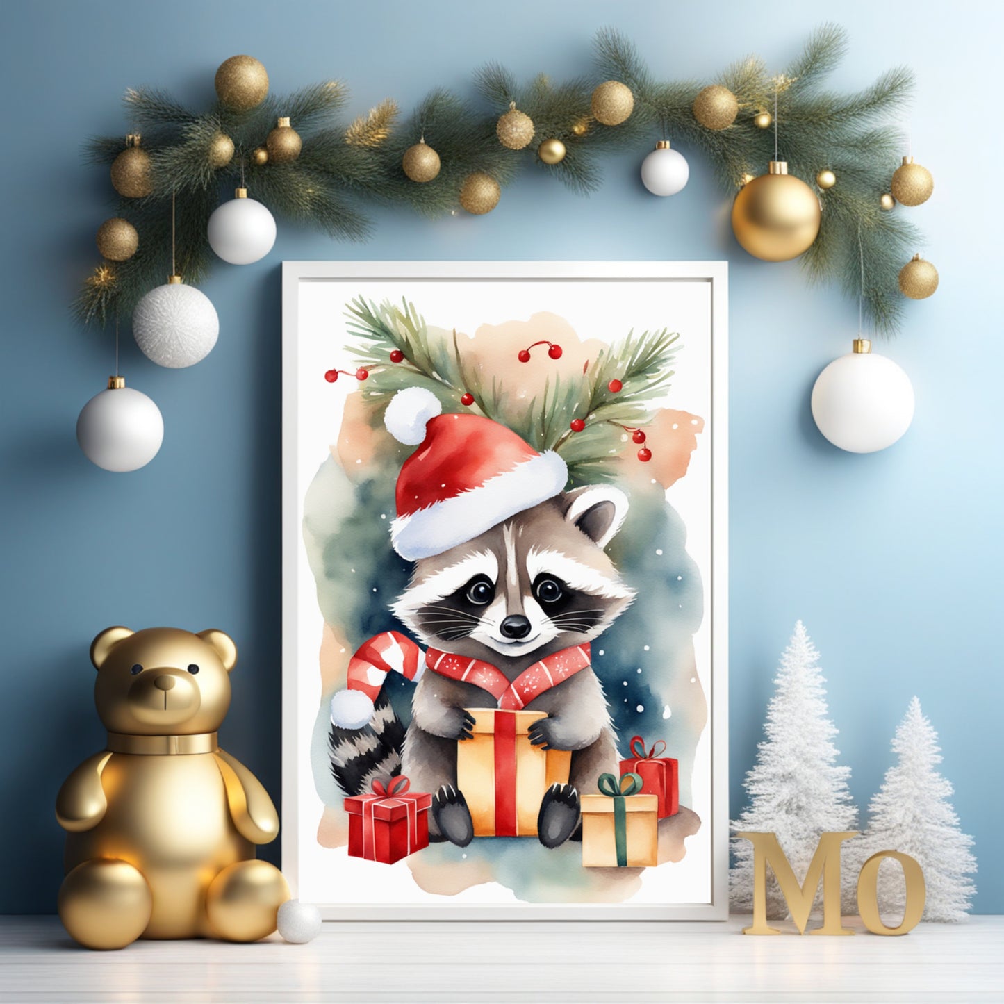 Watercolor cute raccoon with Christmas gifts