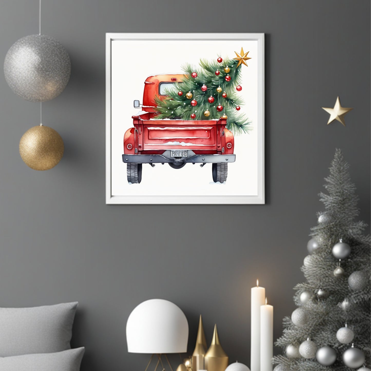 Red Truck with Christmas tree in back